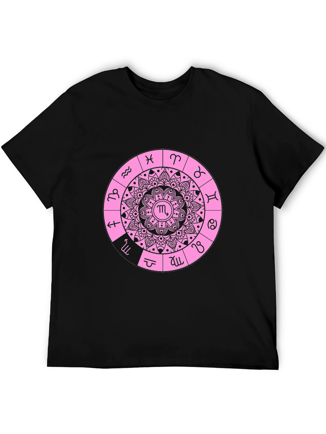 Camiseta Negra con Diseño de Mandala Zodiacal Rosa