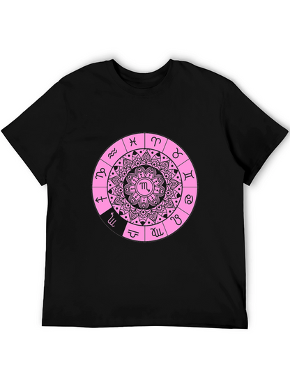 Camiseta Negra con Diseño de Mandala Zodiacal Rosa