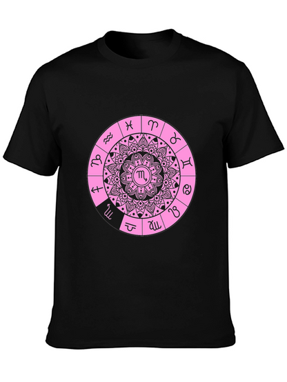 Camiseta Negra con Diseño de Mandala Zodiacal Rosa