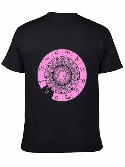 Camiseta Negra con Diseño de Mandala Zodiacal Rosa