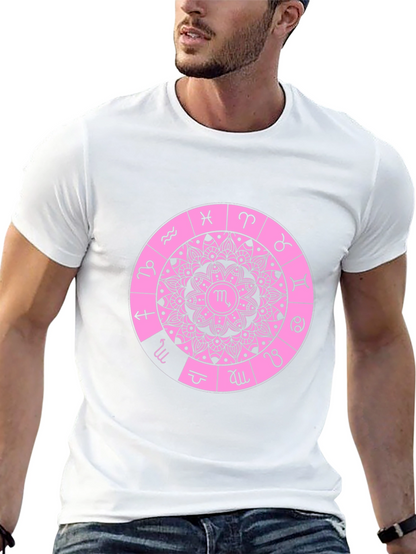 Camiseta Negra con Diseño de Mandala Zodiacal Rosa