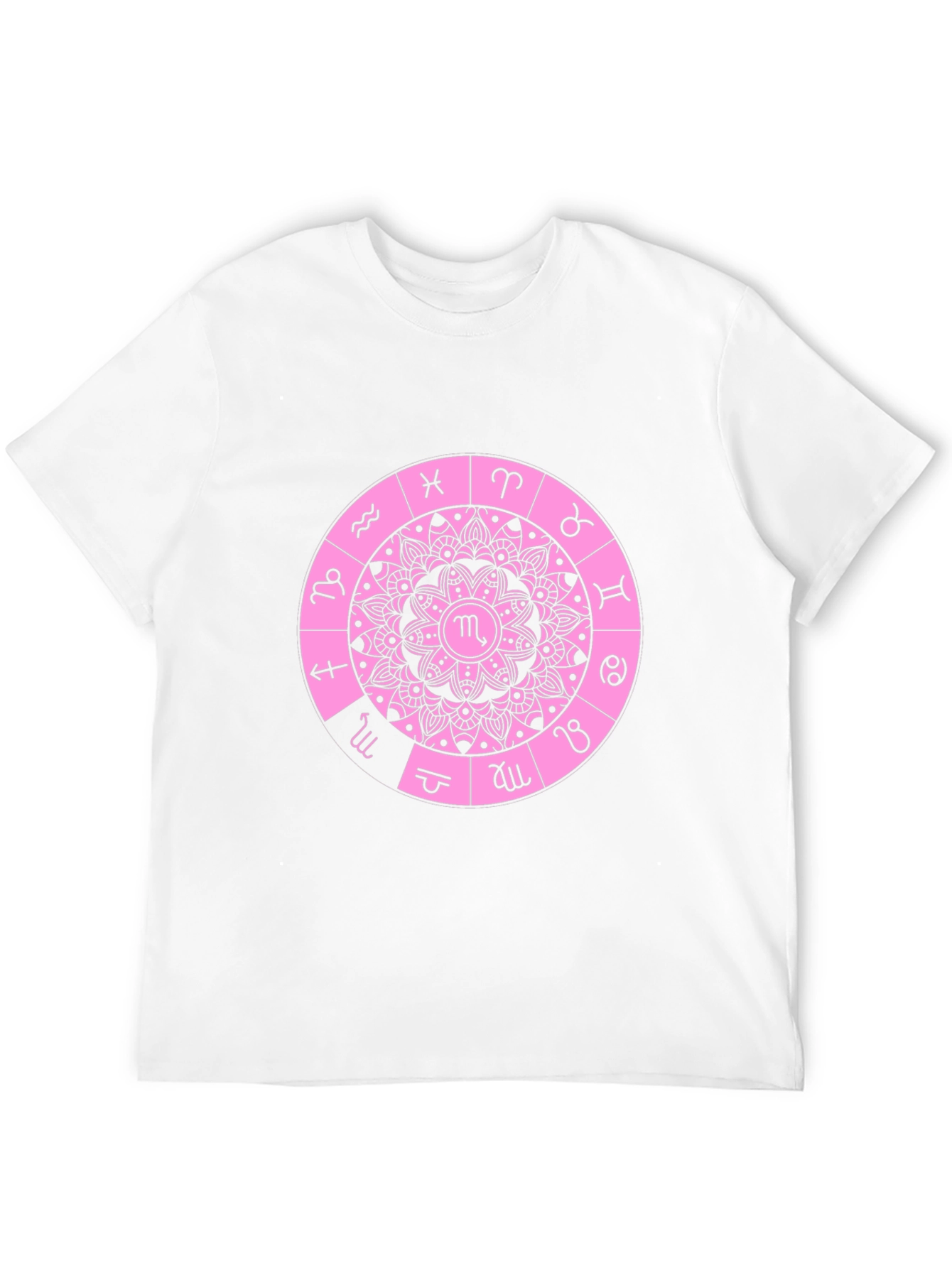 Camiseta Negra con Diseño de Mandala Zodiacal Rosa
