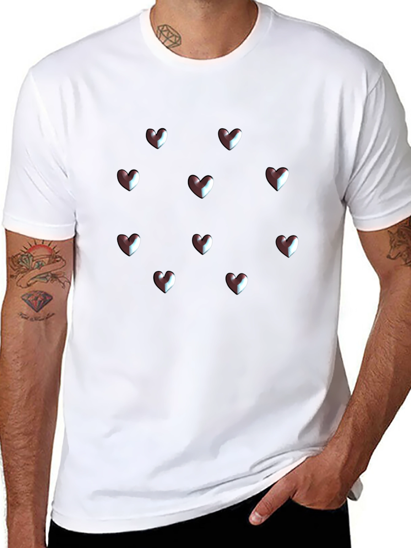 Camiseta Negra Corazones 3D Hombre Casual