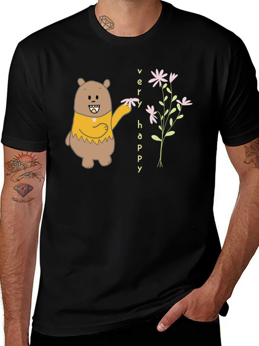Camiseta Negra con Diseño de Oso Feliz y Flores