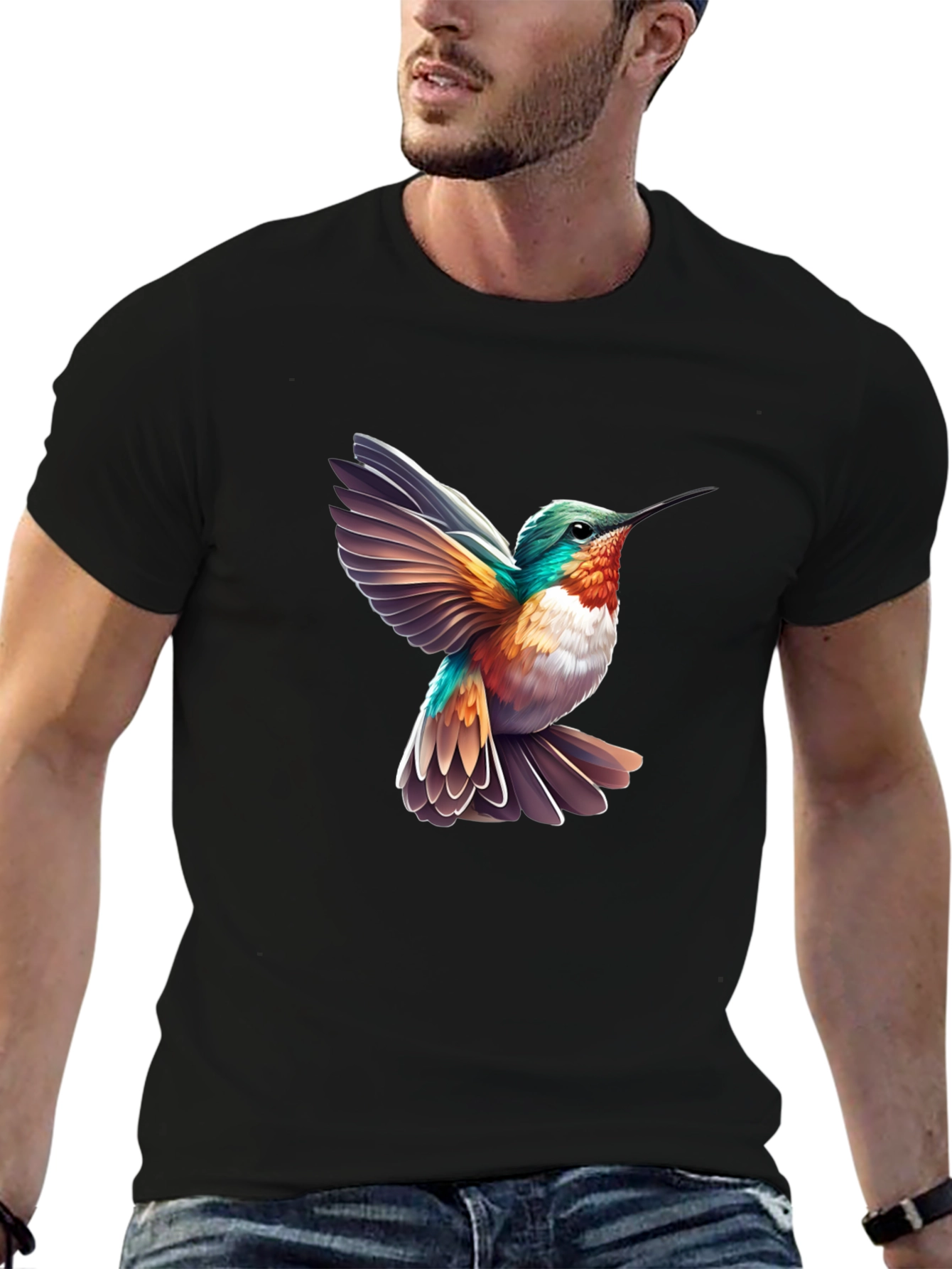Camiseta Negra con Diseño de Colibrí Vibrante