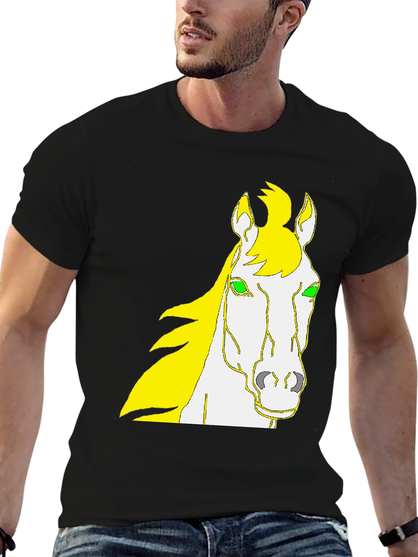 Camiseta Negra Diseño Cabeza de Caballo Amarillo