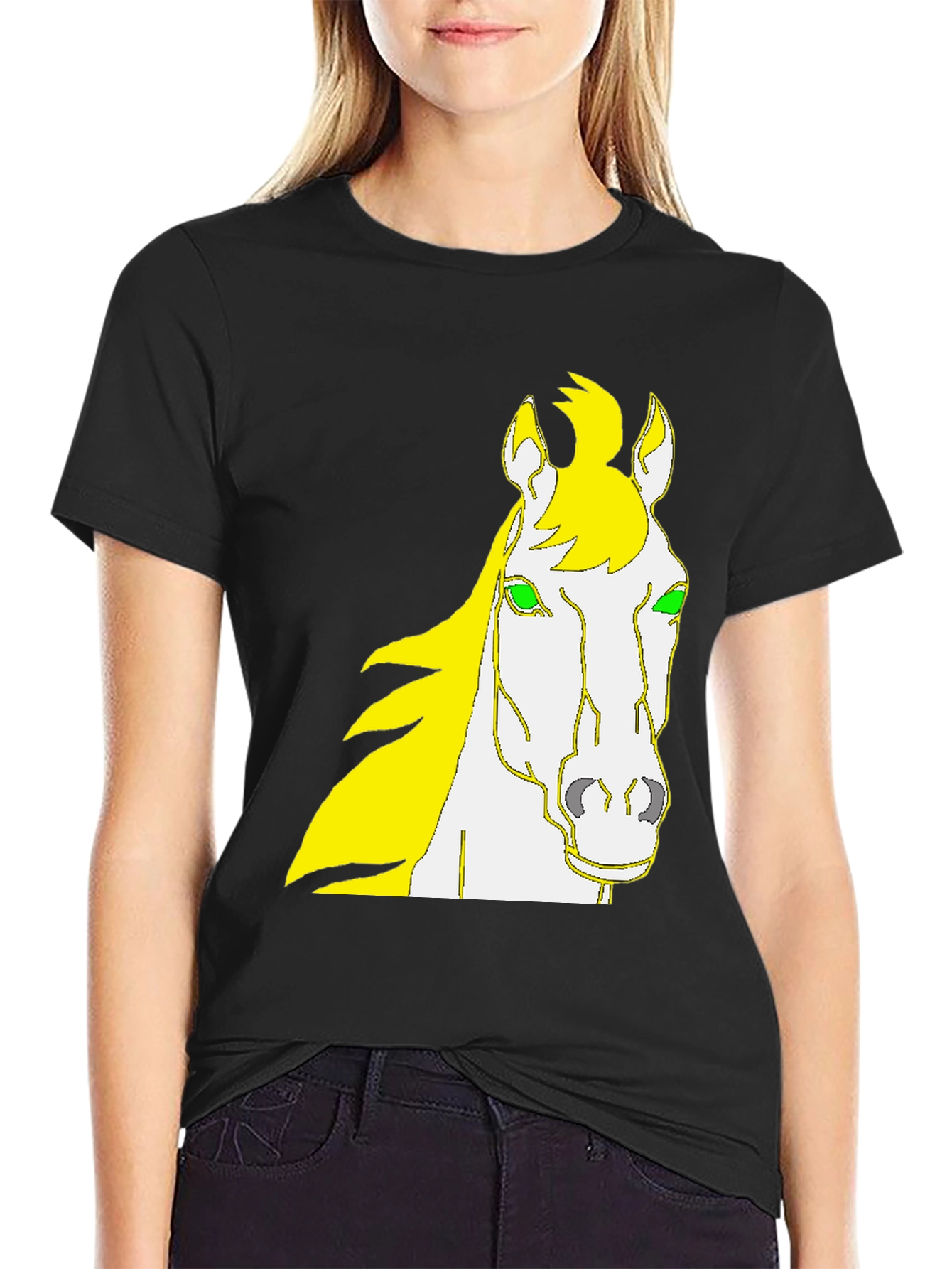 Camiseta Negra Diseño Cabeza de Caballo Amarillo