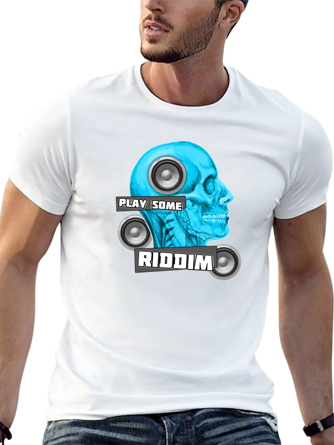 Camiseta Negra Play Some Riddim con Diseño de Cráneo