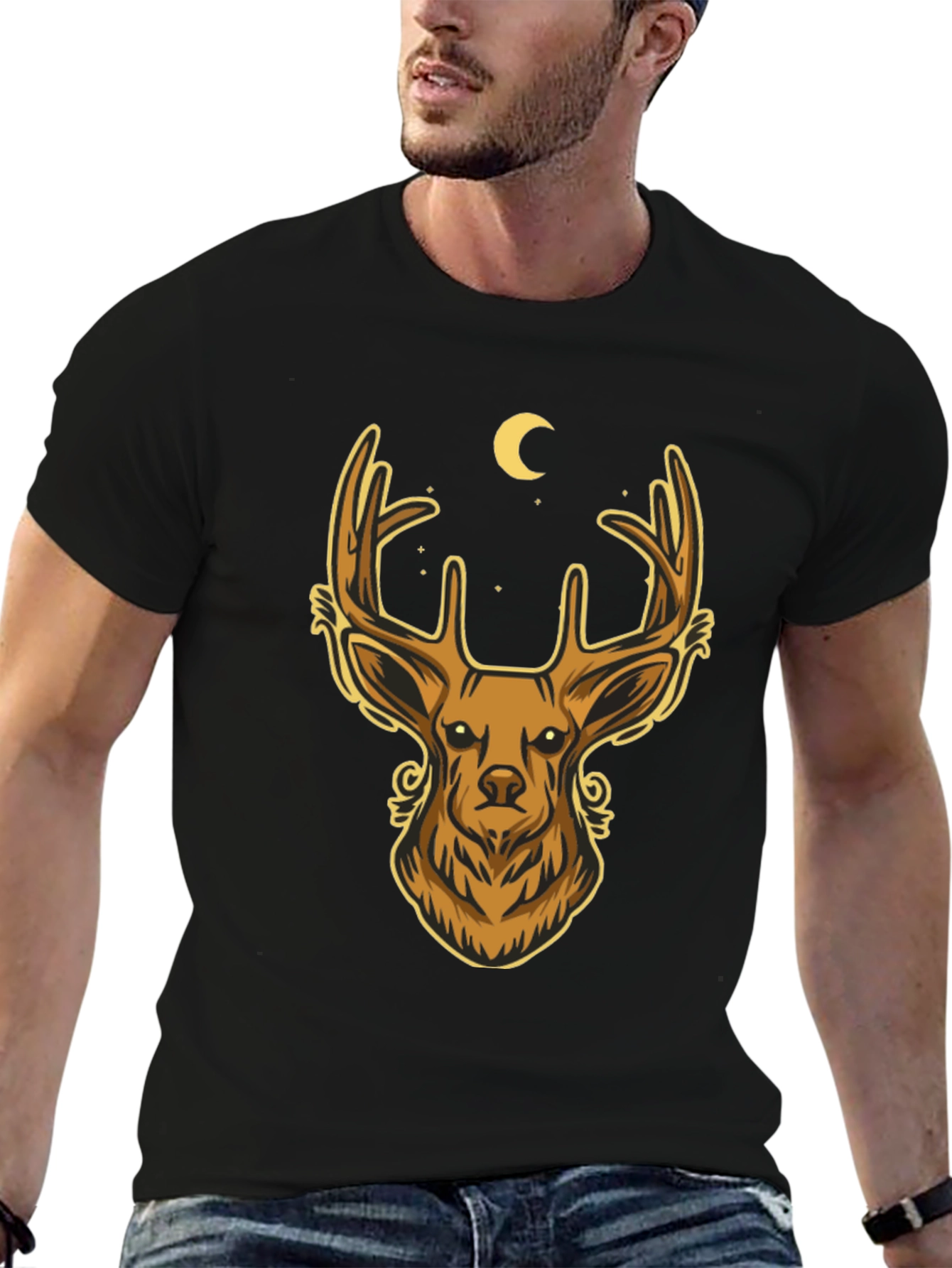 Camiseta Negra con Diseño de Ciervo Místico