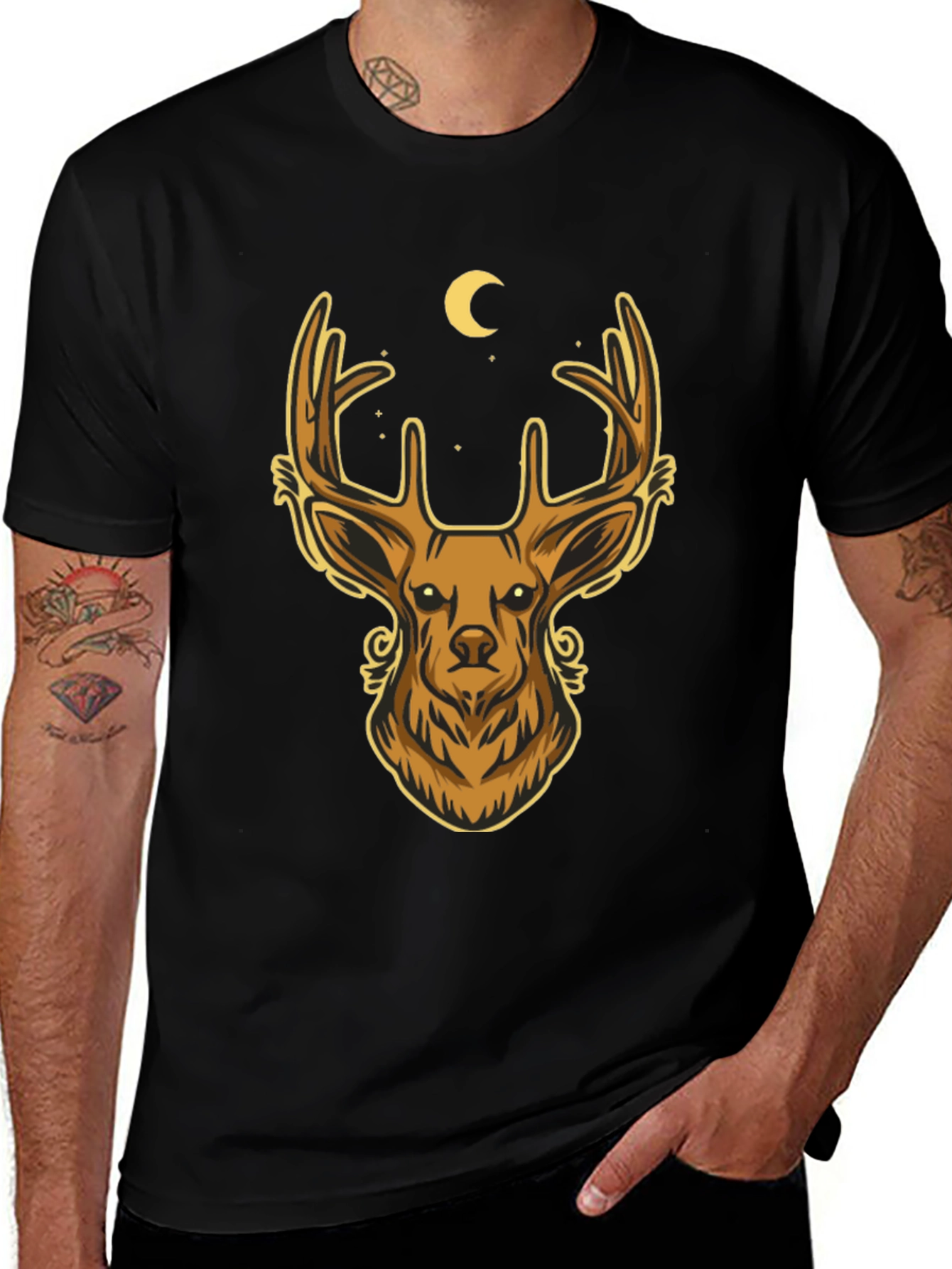 Camiseta Negra con Diseño de Ciervo Místico