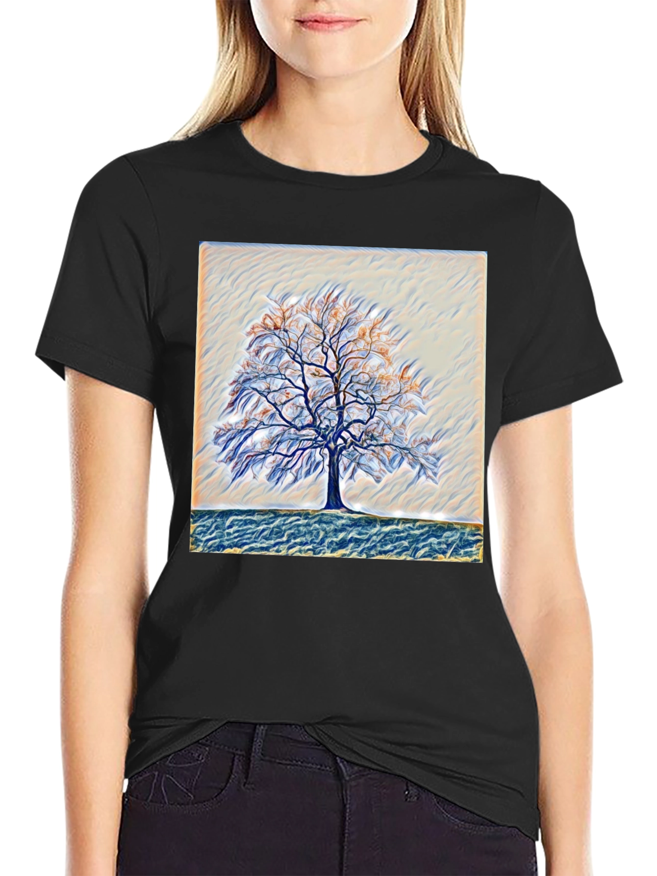 Camiseta Negra con Diseño de Árbol Abstracto
