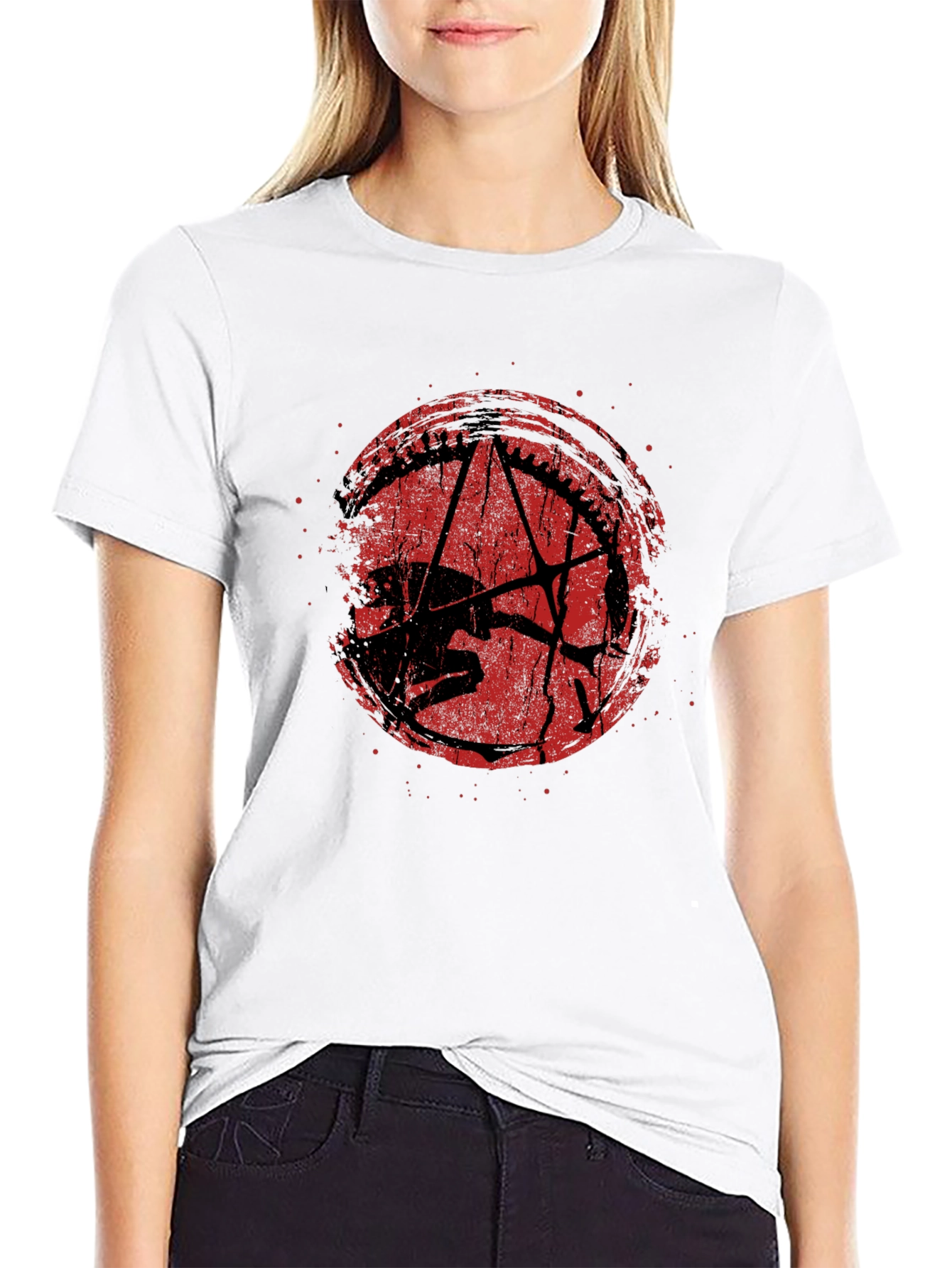 Camiseta Negra Estampado Grunge Rojo