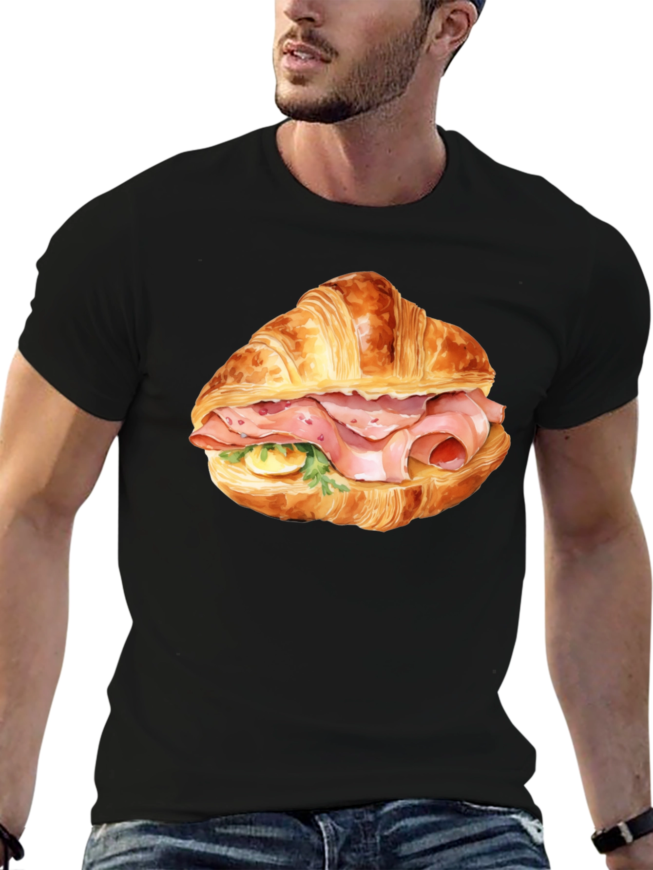 Camiseta Negra Estampada Croissant con Jamón