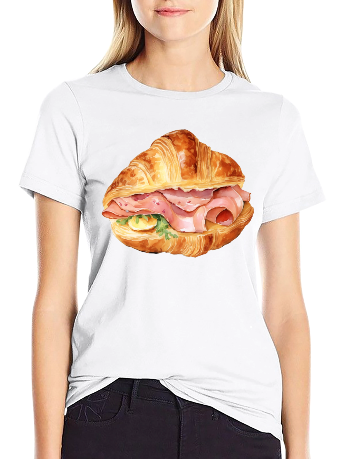 Camiseta Negra Estampada Croissant con Jamón