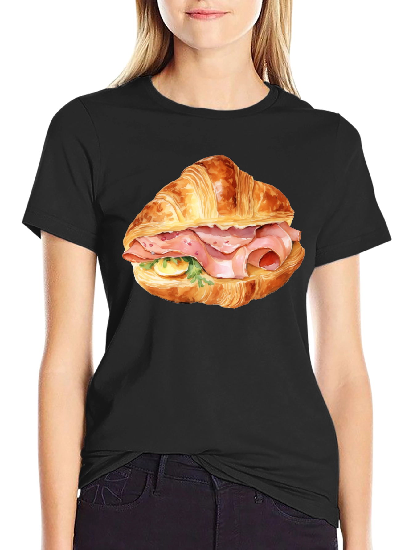 Camiseta Negra Estampada Croissant con Jamón