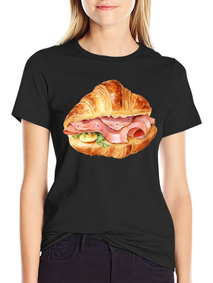 Camiseta Negra Estampada Croissant con Jamón