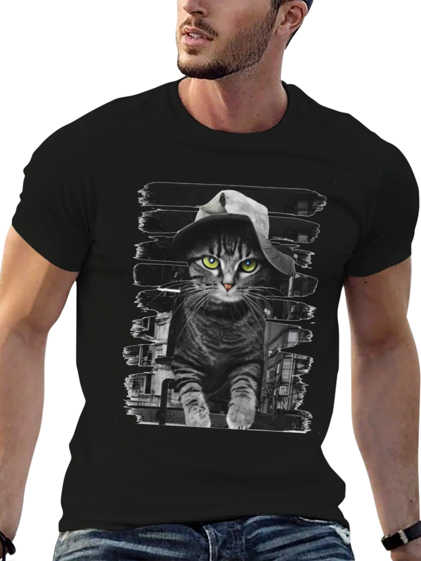 Camiseta Negra con Gato Detective