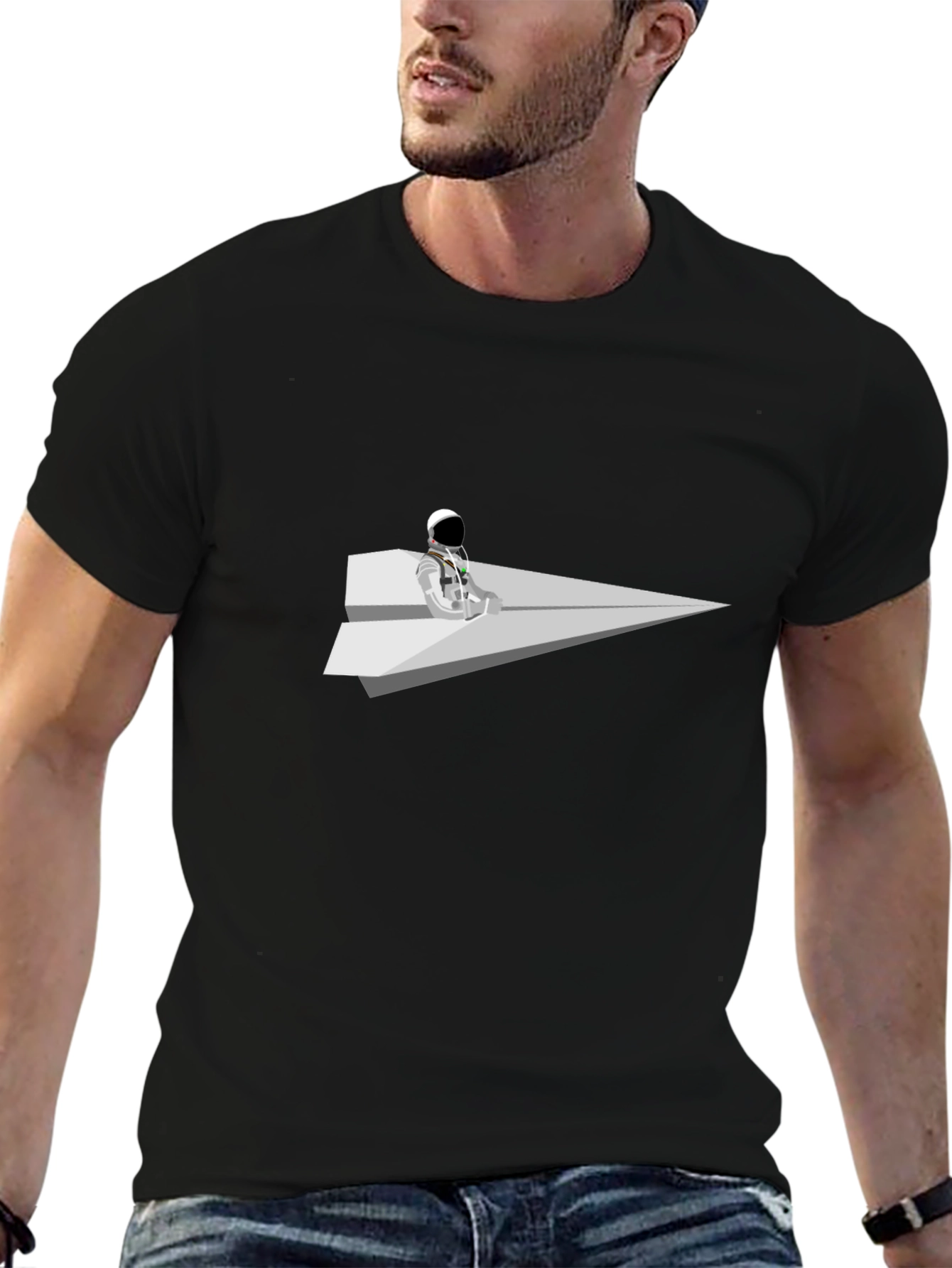 Camiseta Negra Astronauta Avión de Papel