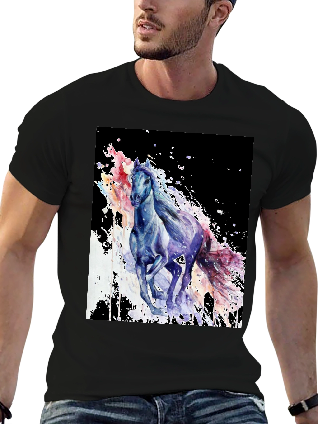 Camiseta Negra con Diseño de Caballo Acuarela