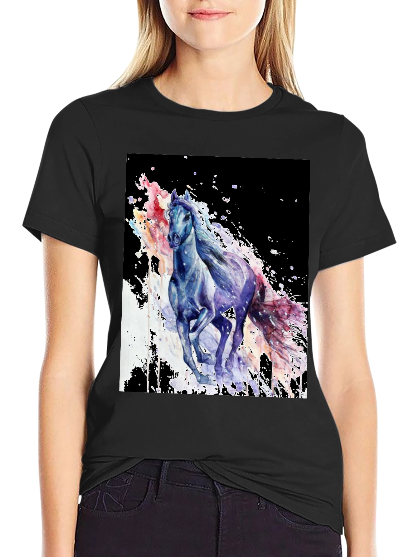 Camiseta Negra con Diseño de Caballo Acuarela