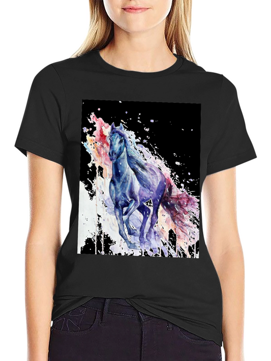 Camiseta Negra con Diseño de Caballo Acuarela