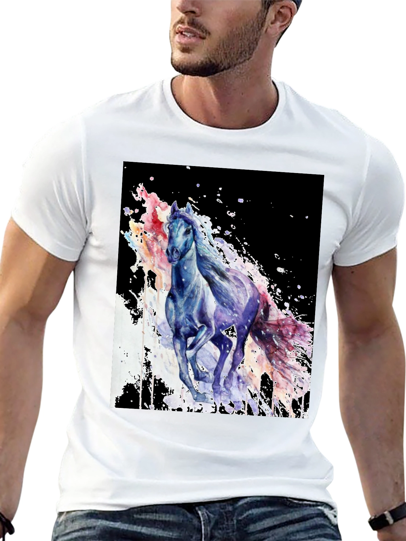 Camiseta Negra con Diseño de Caballo Acuarela