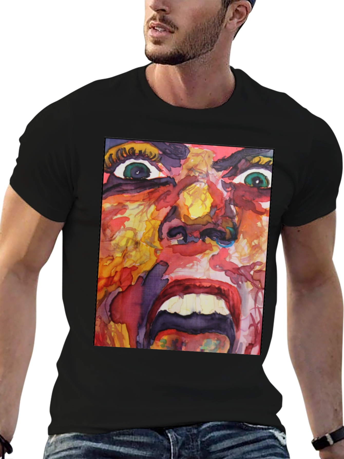 Camiseta Negra con Estampado Abstracto Expresivo