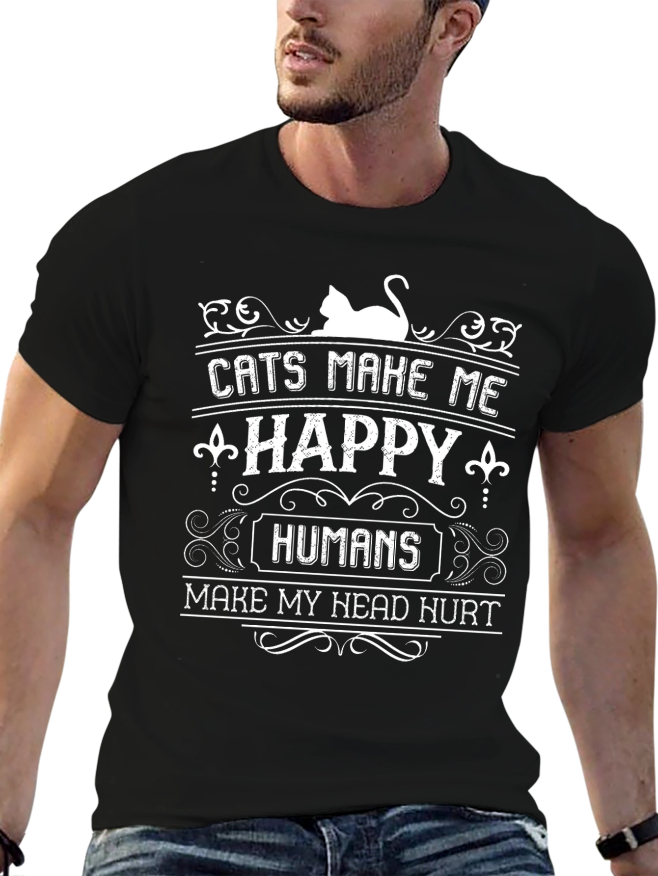 Camiseta Negra con Diseño de Gatos y Humor