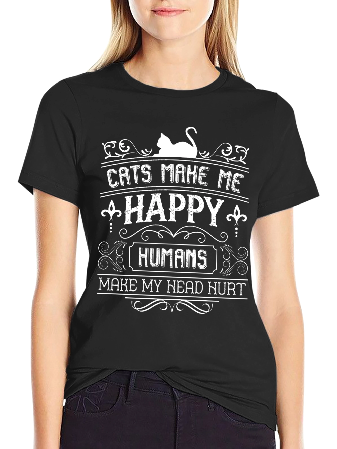 Camiseta Negra con Diseño de Gatos y Humor
