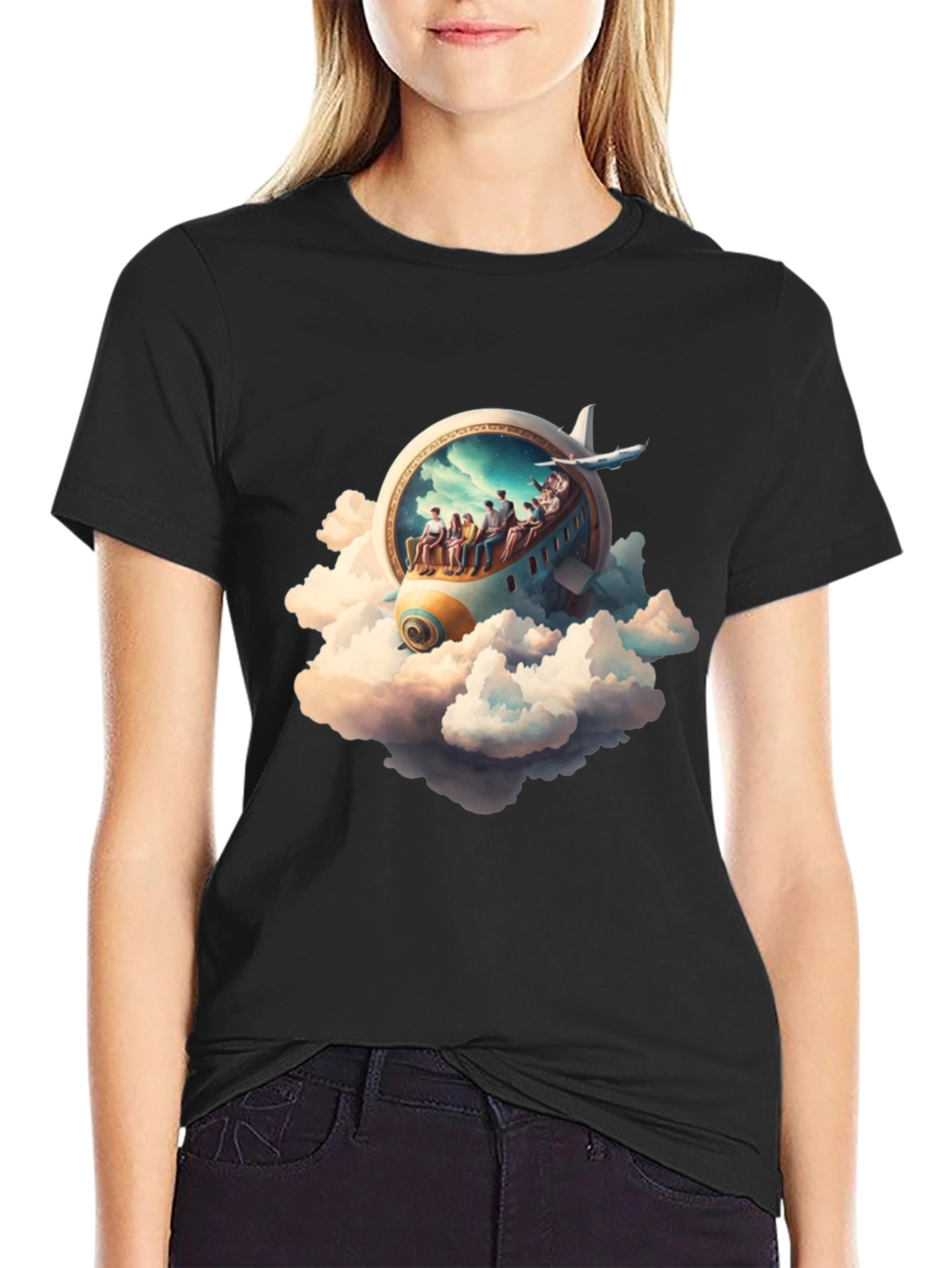 Camiseta Negra con Diseño de Avión Fantasía