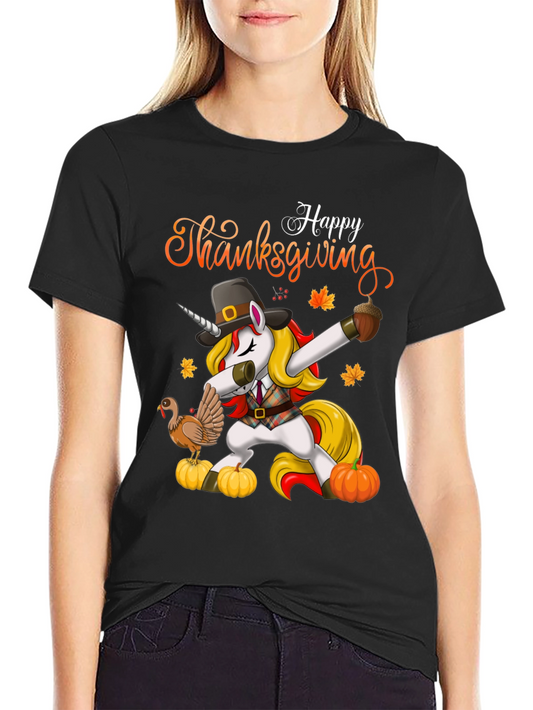 Camiseta Negra Feliz Día de Acción de Gracias Unicornio
