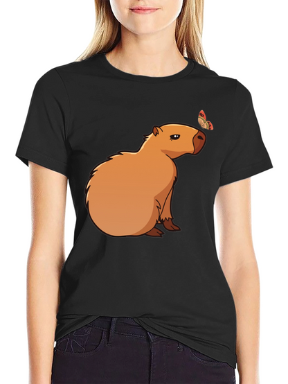 Camiseta Negra con Capibara y Mariposa