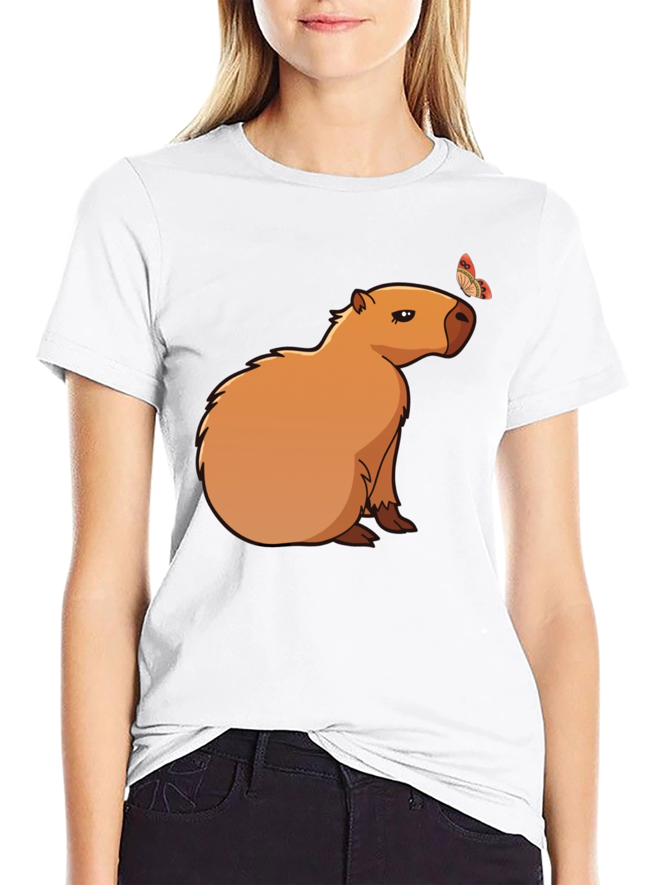 Camiseta Negra con Capibara y Mariposa