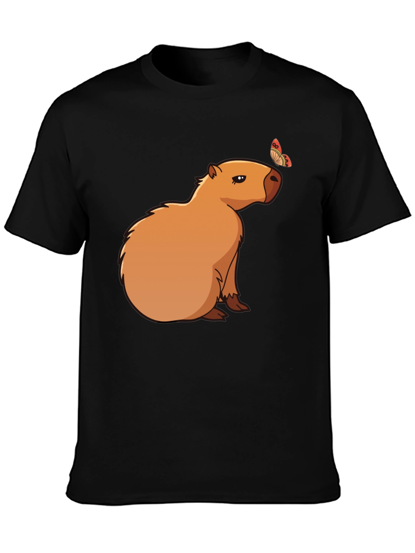 Camiseta Negra con Capibara y Mariposa