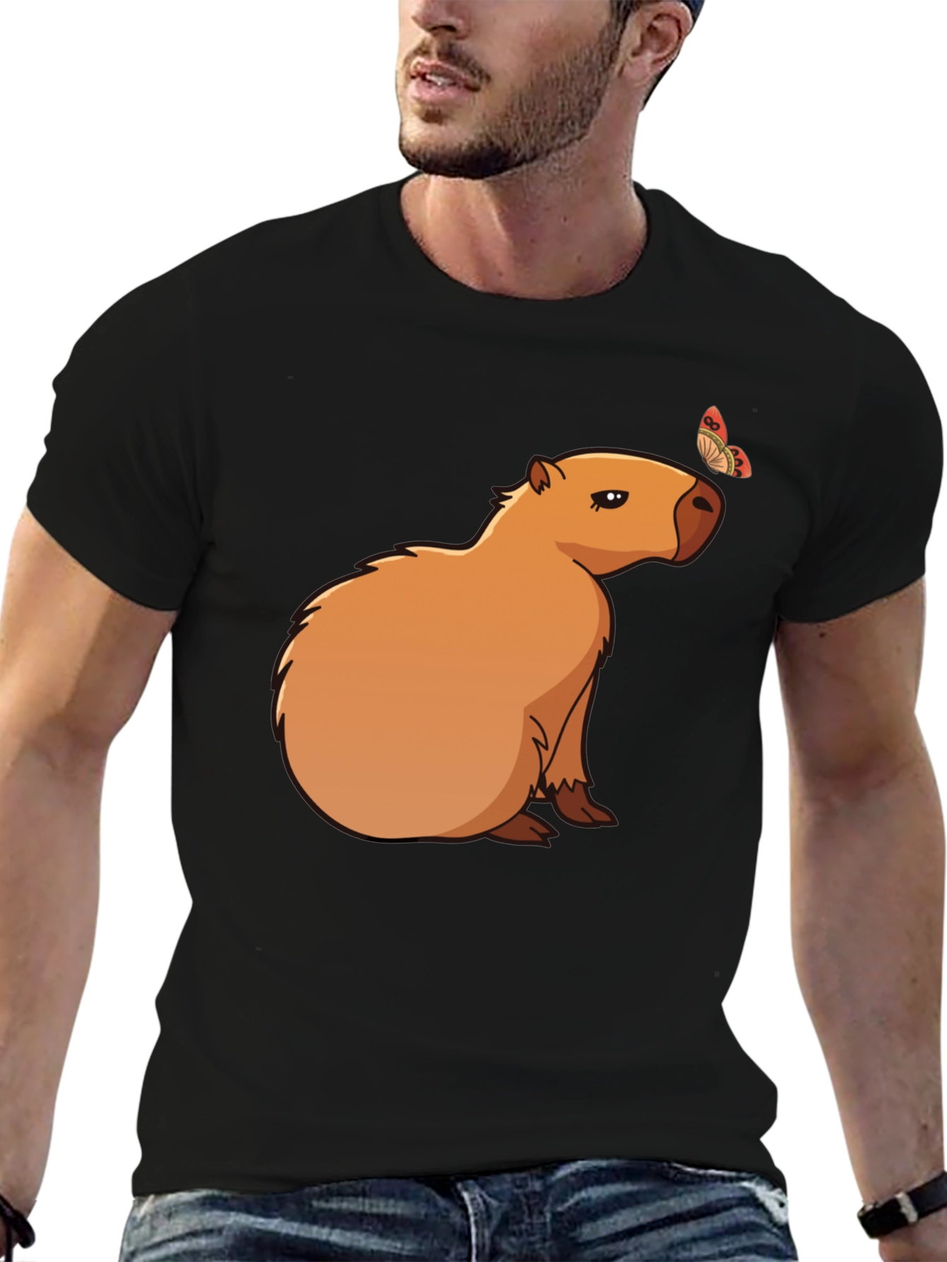 Camiseta Negra con Capibara y Mariposa