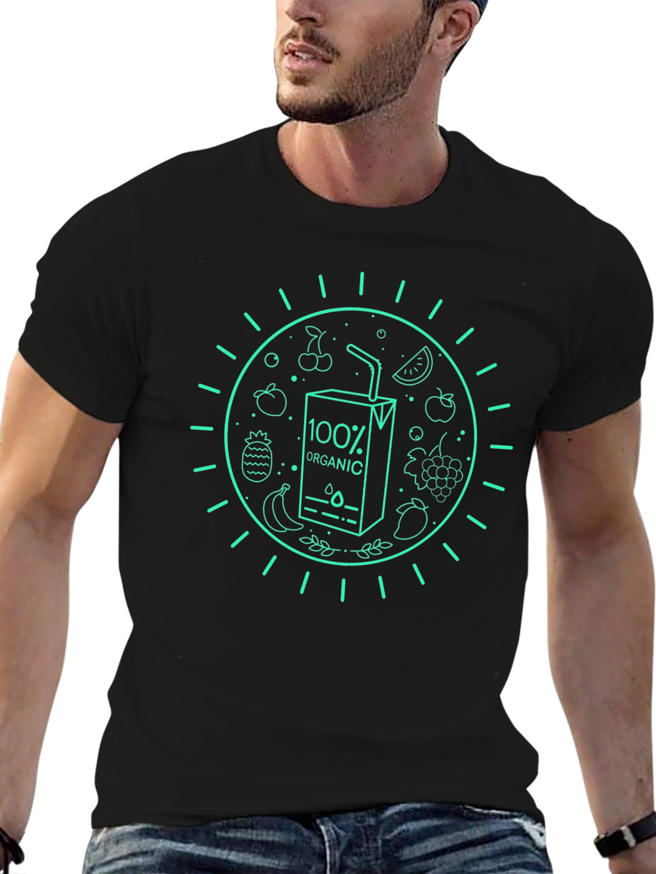 Camiseta Negra Orgánica con Diseño de Frutas