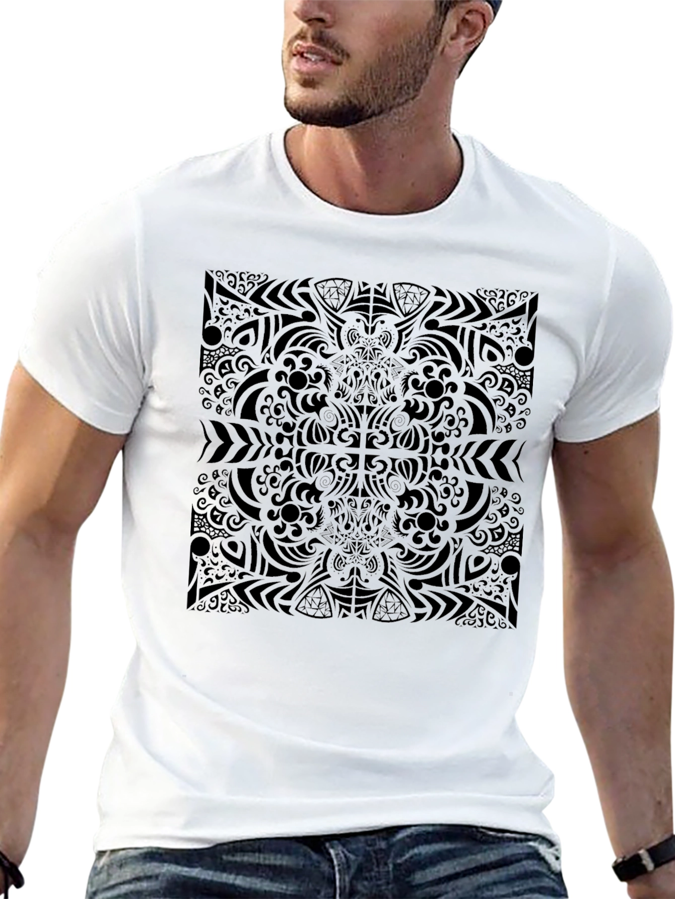 Camiseta Negra Estampado Abstracto Estilo Mandala
