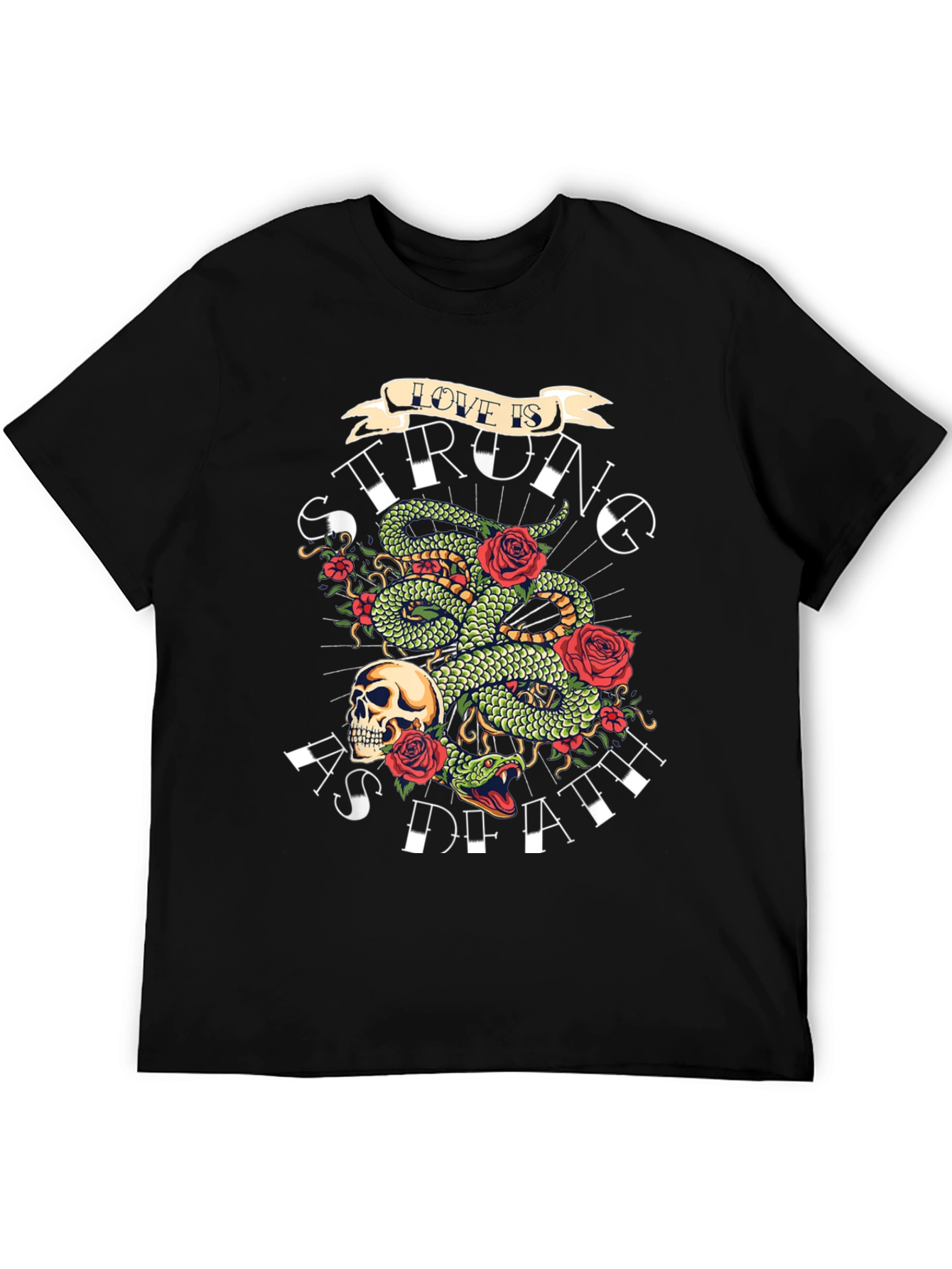 Camiseta Negra con Diseño de Serpiente Rosas y Calavera