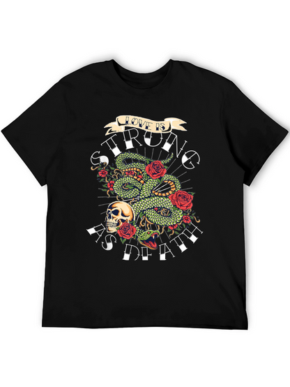 Camiseta Negra con Diseño de Serpiente Rosas y Calavera