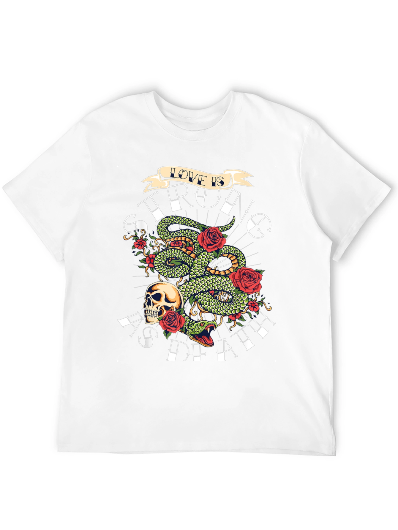 Camiseta Negra con Diseño de Serpiente Rosas y Calavera