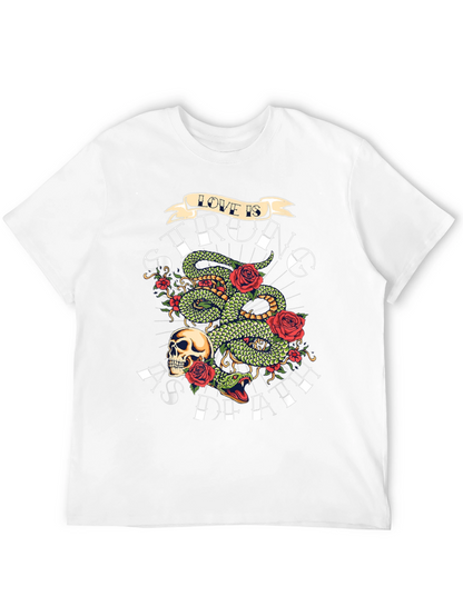 Camiseta Negra con Diseño de Serpiente Rosas y Calavera
