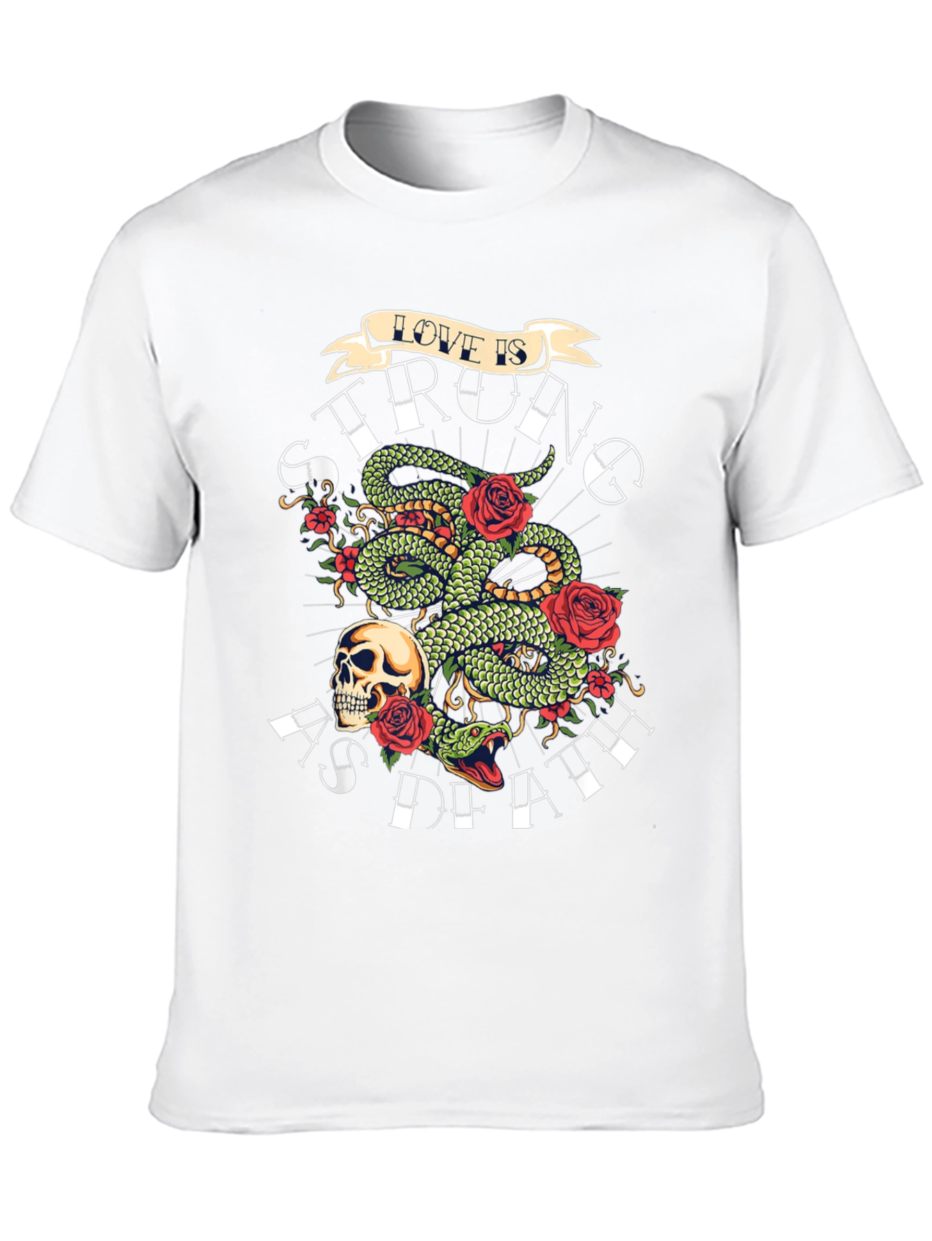Camiseta Negra con Diseño de Serpiente Rosas y Calavera