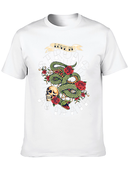 Camiseta Negra con Diseño de Serpiente Rosas y Calavera