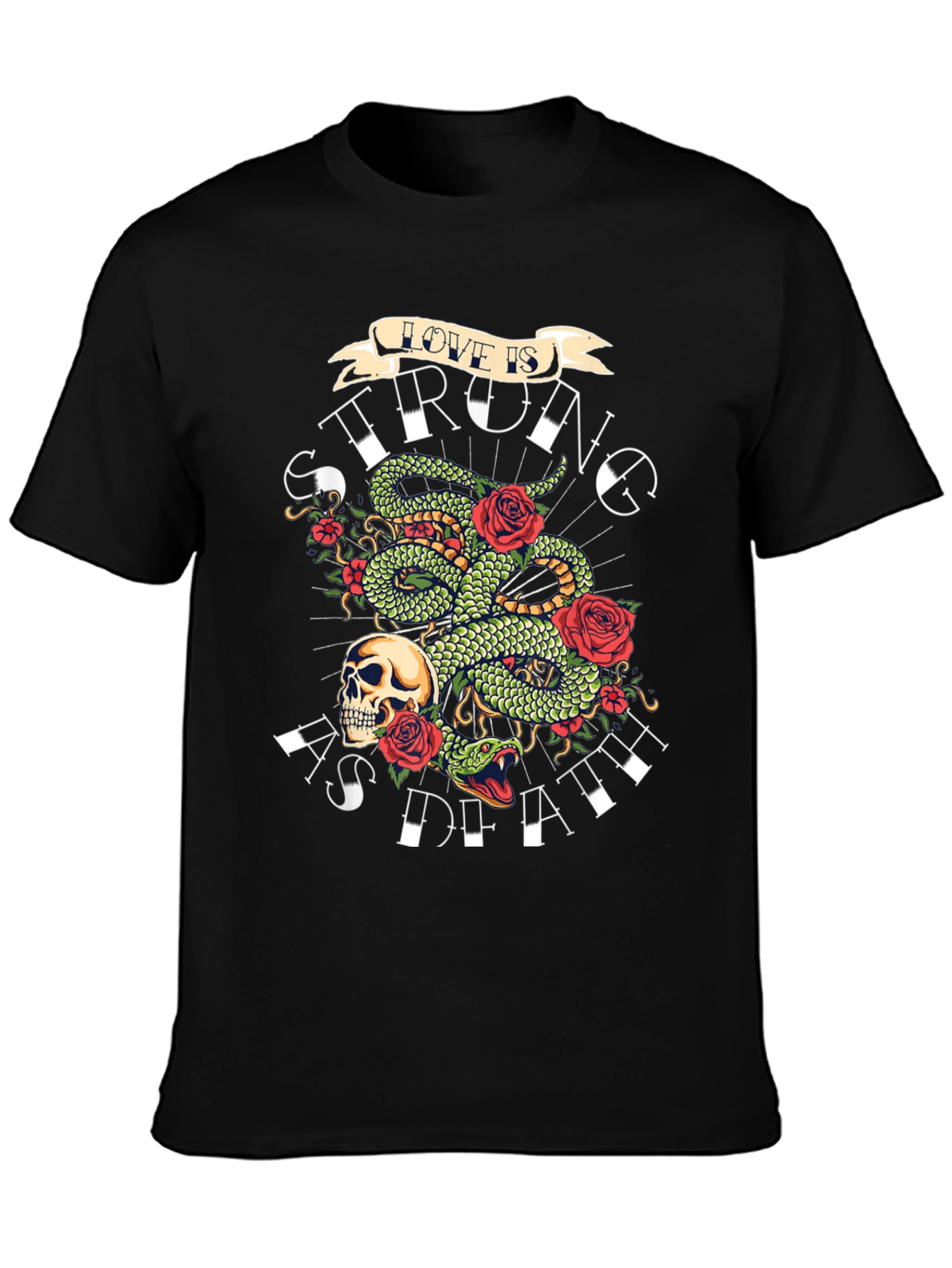 Camiseta Negra con Diseño de Serpiente Rosas y Calavera