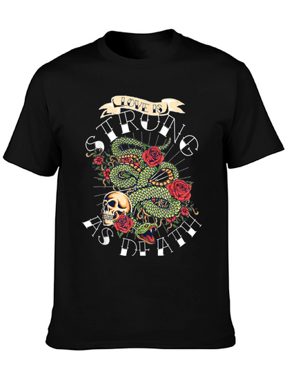 Camiseta Negra con Diseño de Serpiente Rosas y Calavera