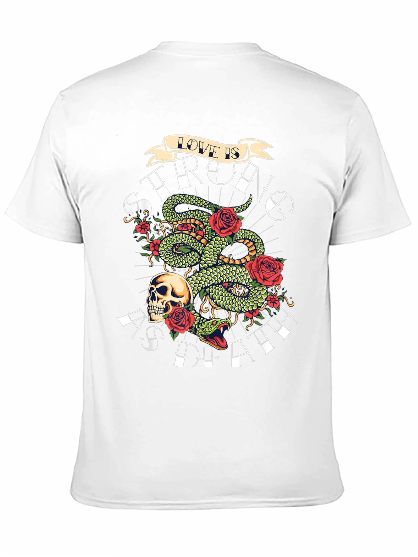 Camiseta Negra con Diseño de Serpiente Rosas y Calavera