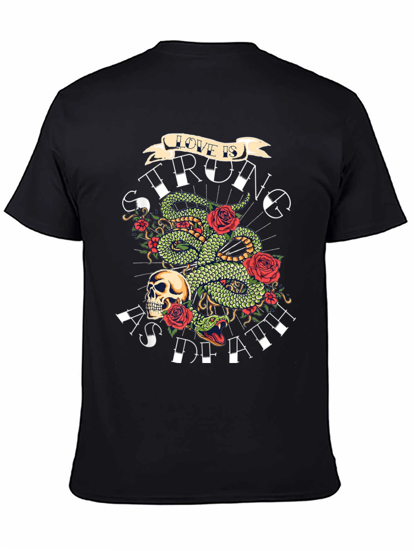 Camiseta Negra con Diseño de Serpiente Rosas y Calavera