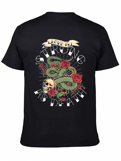 Camiseta Negra con Diseño de Serpiente Rosas y Calavera