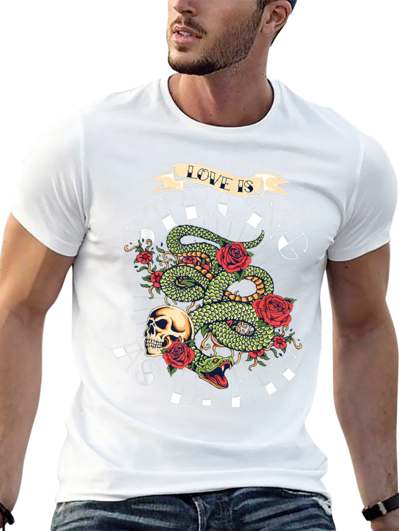 Camiseta Negra con Diseño de Serpiente Rosas y Calavera