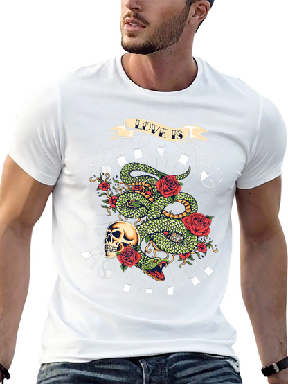 Camiseta Negra con Diseño de Serpiente Rosas y Calavera